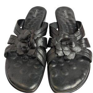 Walking Cradles Black Leather Flower Women's Slide Comfort Sandals 11
